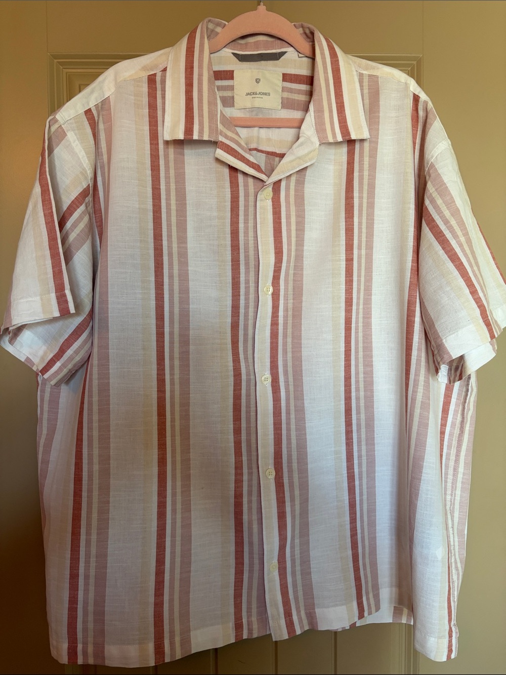 Jack & Jones Short-Sleeve Striped Button-Down Shirt in White and Rust